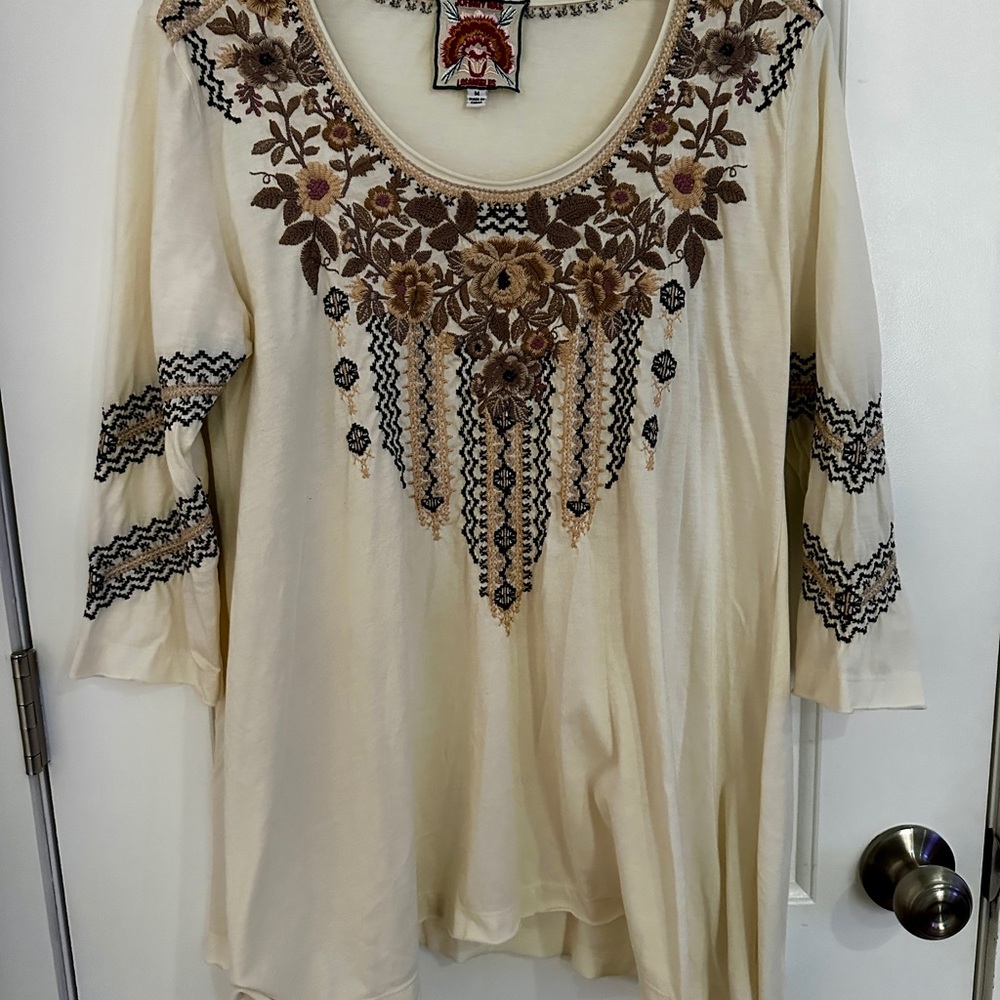 Johnny Was Cream Tunic with Brown & Black Floral Embroidery